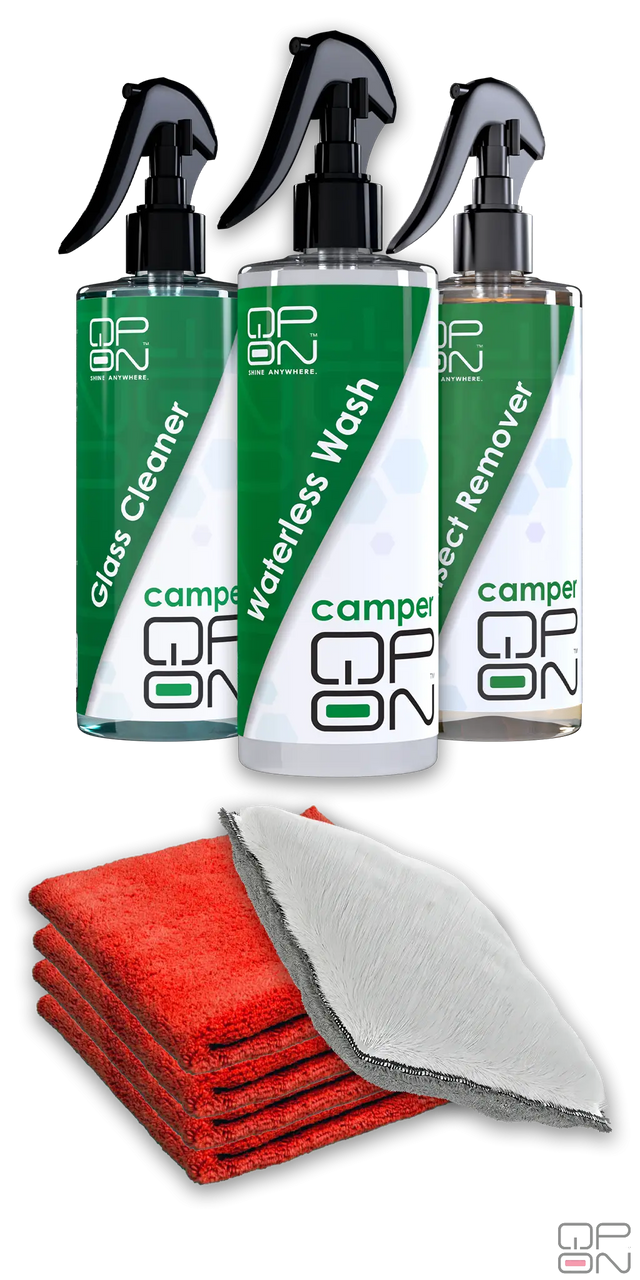 Camper Series - Starter OTR (On The Road) Kit qp-on

Waterloos wassen campers, insectenreiniger camper en een raamreiniger speciaal voor campers. In 1 compelete kit met doekjes. 